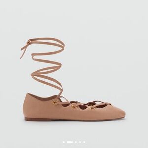 Mango Beige Lace-Up Ballet Flats with Gold Eyelets